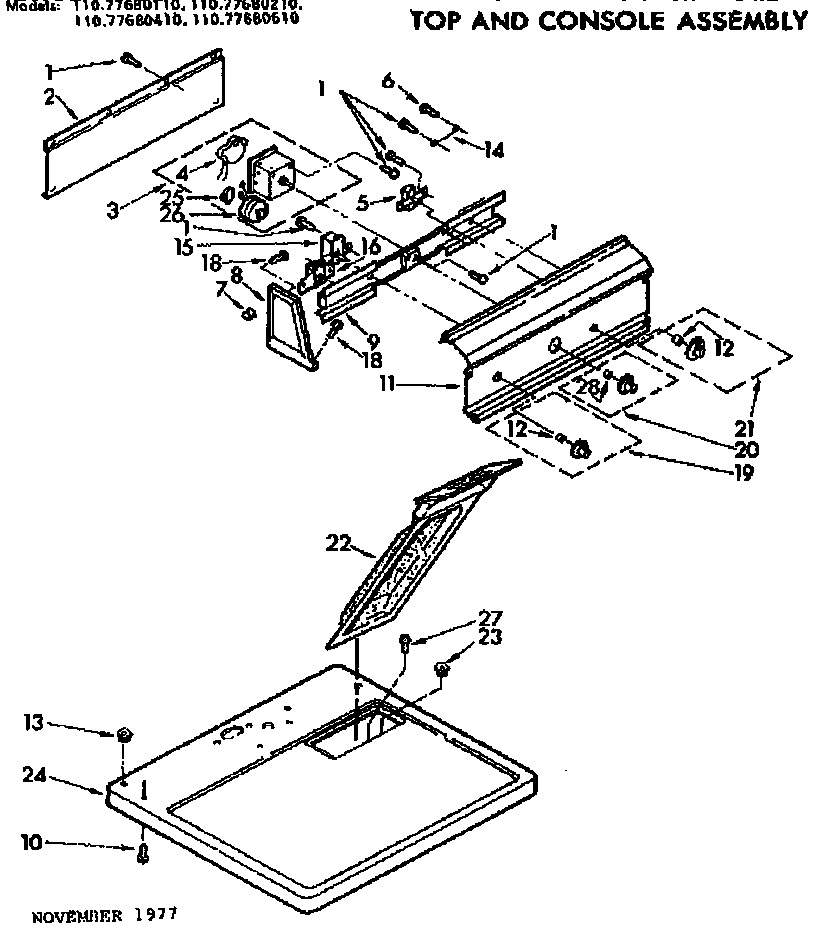 Sears 11077680110 top and console assembly diagram