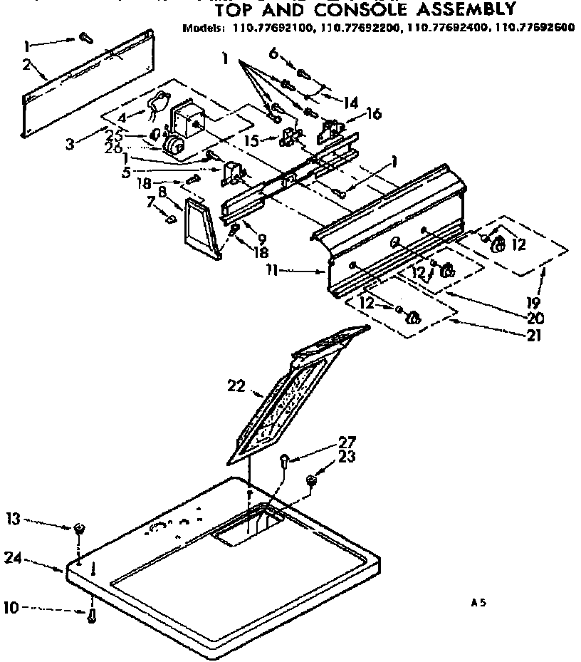 Sears 11077692600 top and console assembly diagram