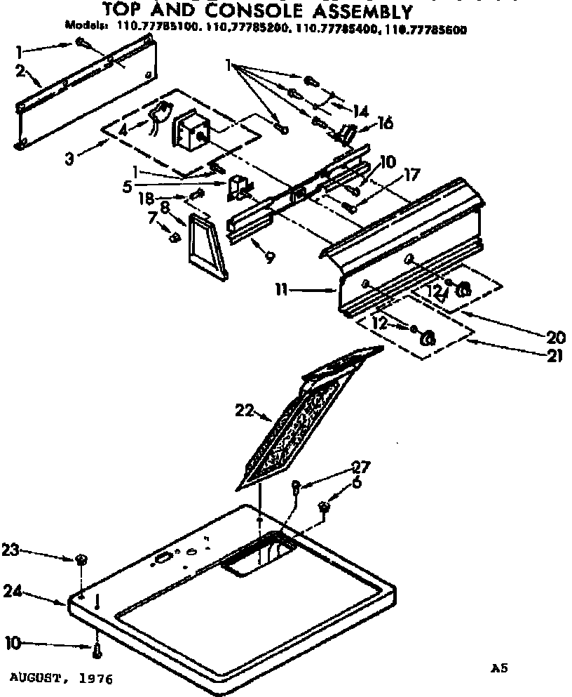 Sears 11077785600 top and console assembly diagram