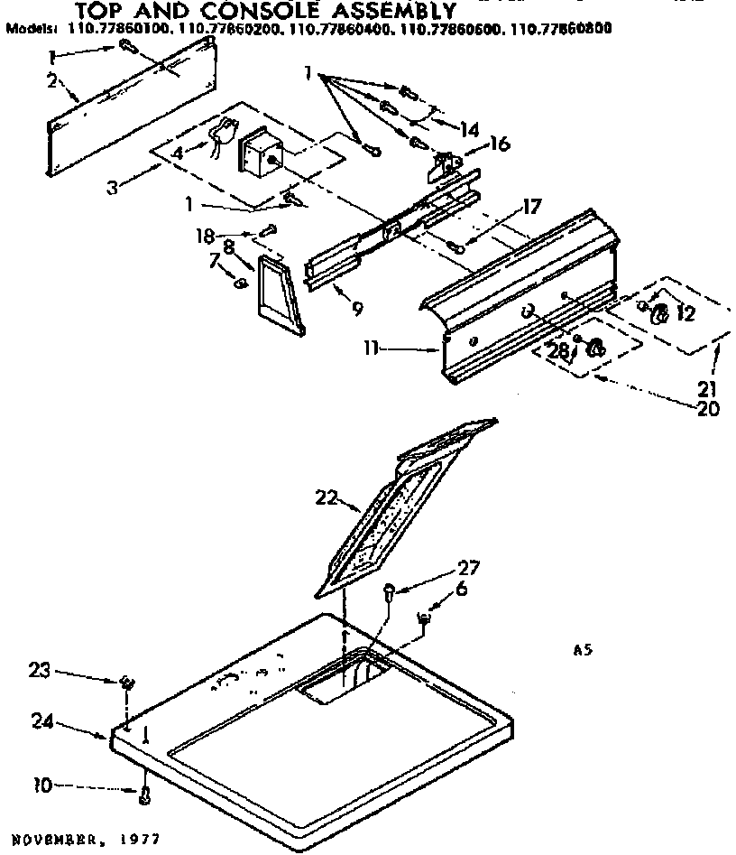 Sears 11077860200 top and console assembly diagram