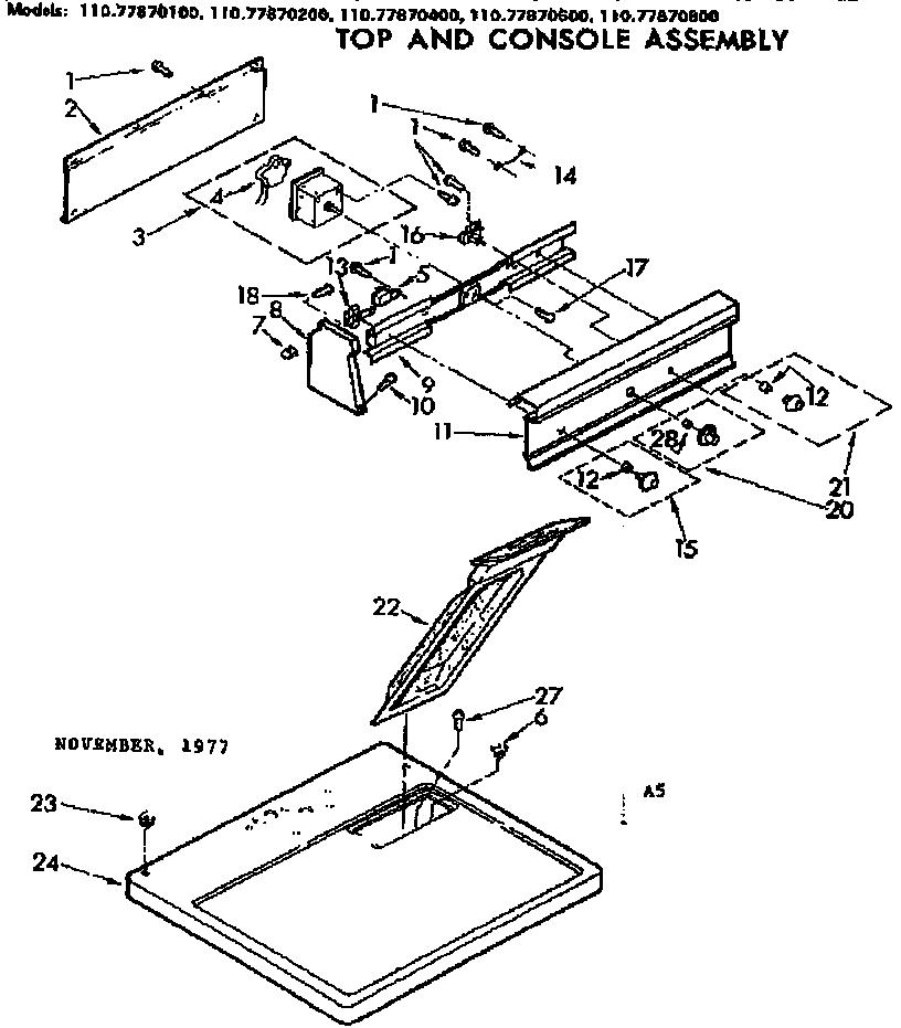 Sears 11077870100 top and console assembly diagram
