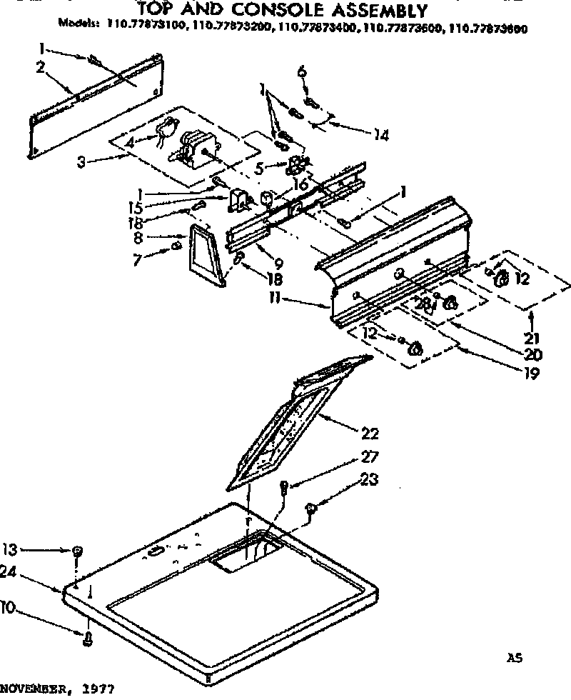 Sears 11077873200 top and console assembly diagram
