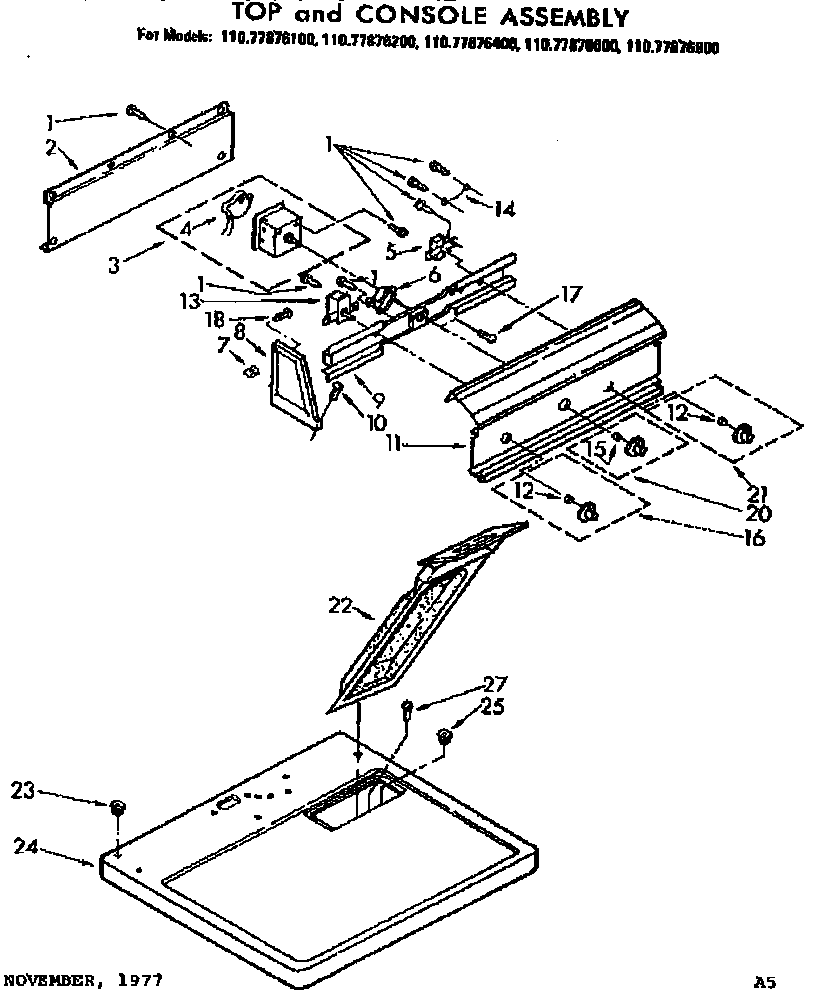 Sears 11077876400 top and console assembly diagram