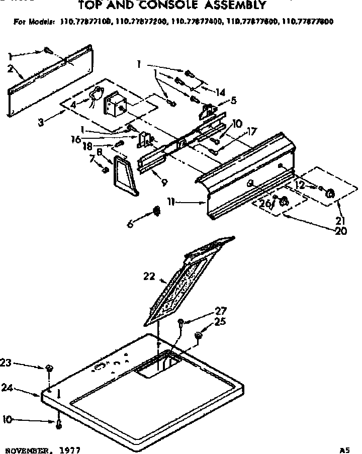Sears 11077877100 top and console assembly diagram