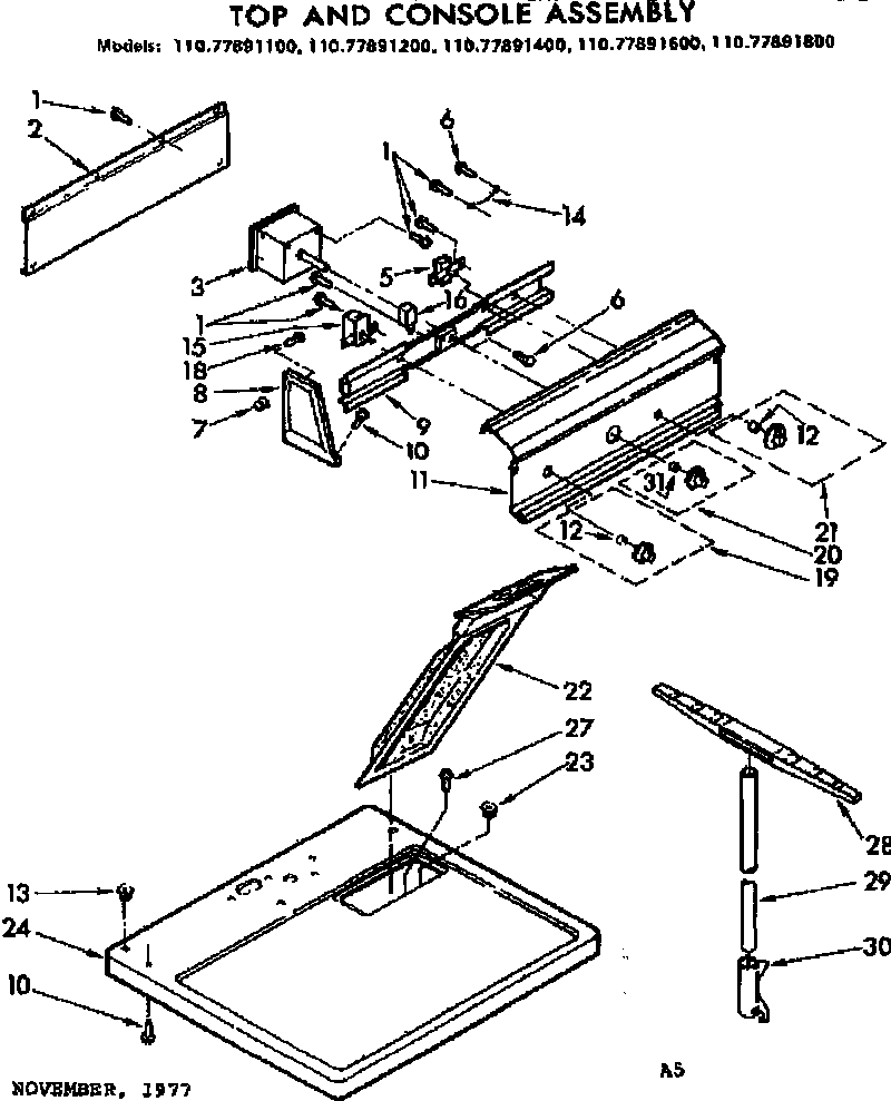 Sears 11077891100 top and console assembly diagram