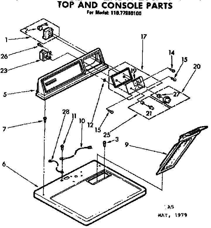Sears 11077950100 top and console parts diagram