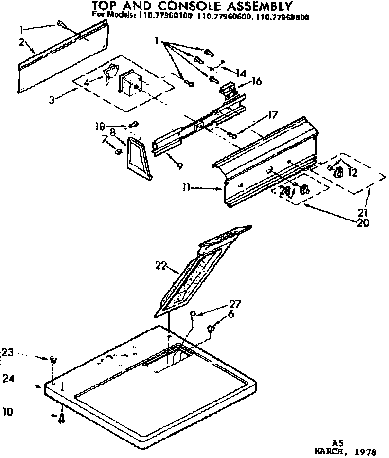 Sears 11077960100 top and console parts diagram