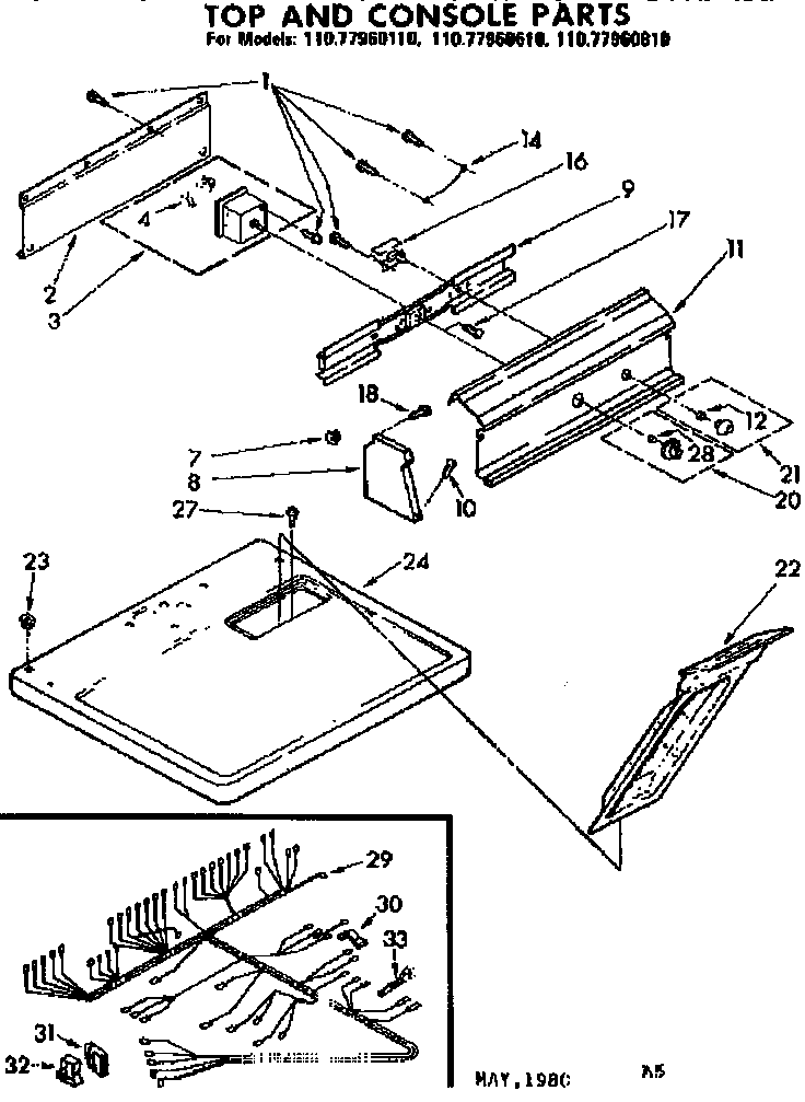 Sears 11077960810 top and console parts diagram