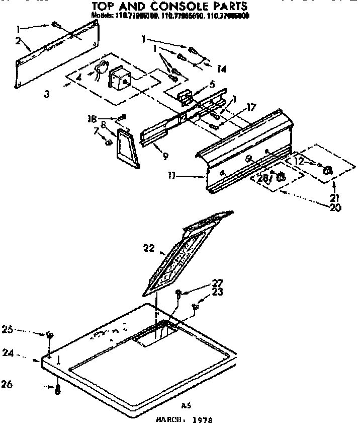 Sears 11077965600 top and console parts diagram