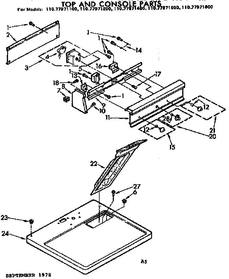 Sears 11077971400 top and console parts diagram