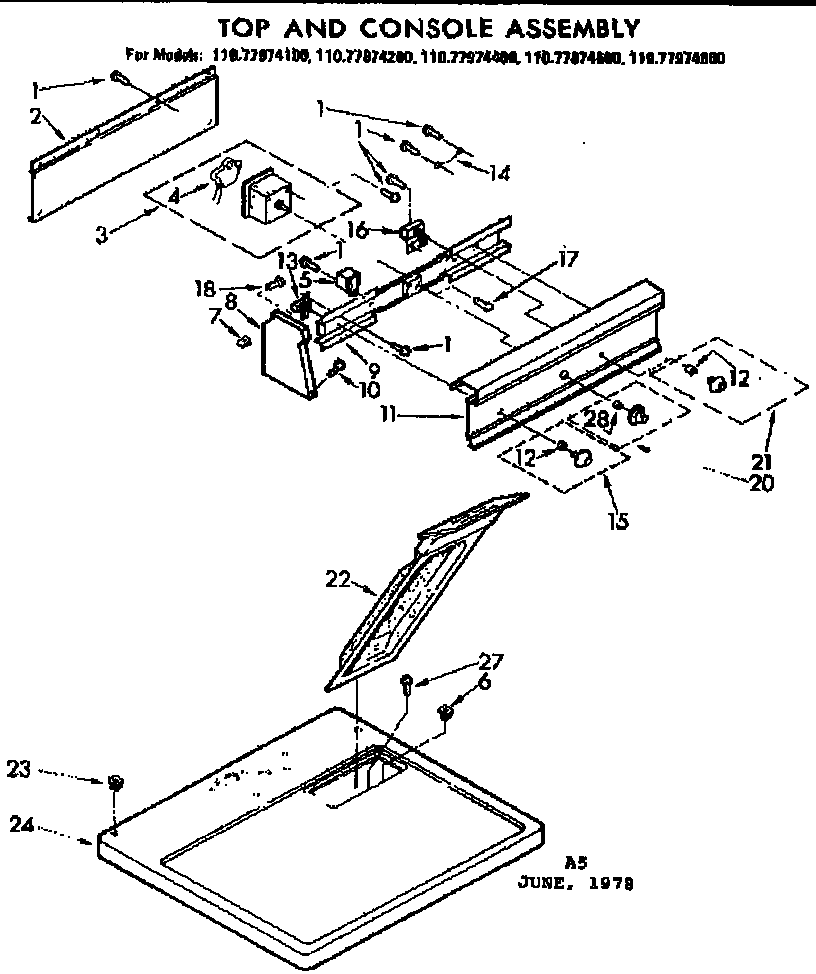 Sears 11077974400 top and console assembly diagram