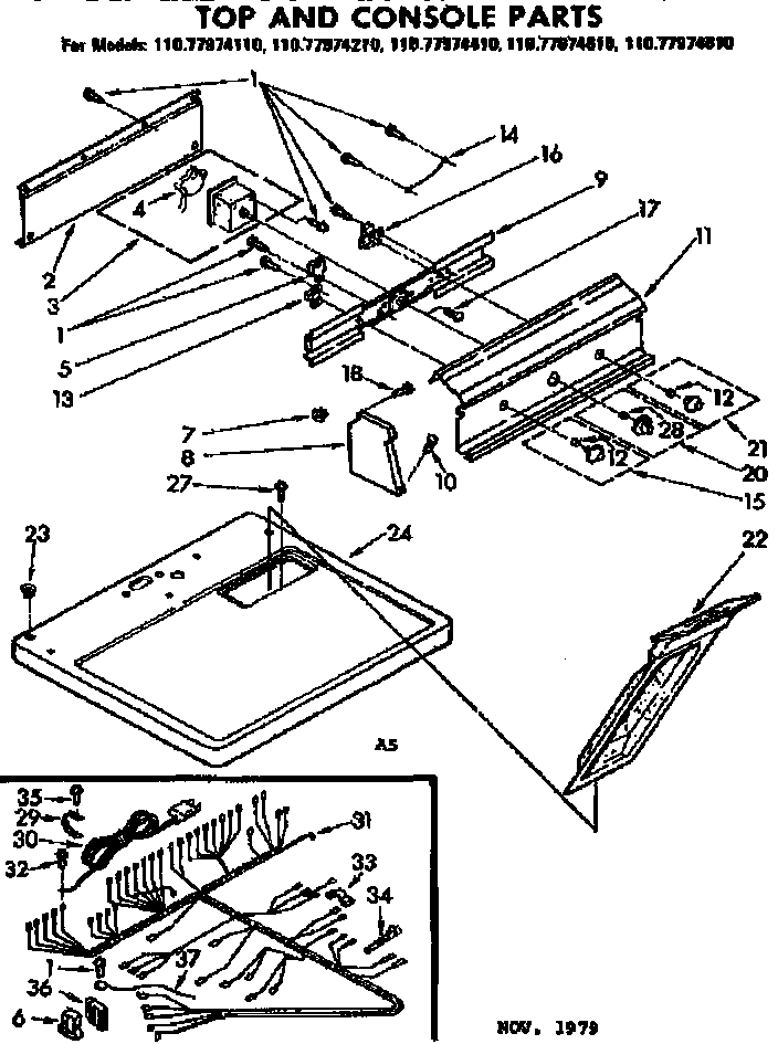 Sears 11077974410 top and console parts diagram