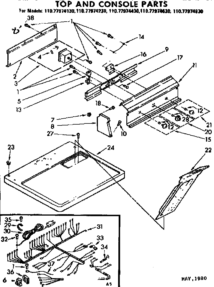 Sears 11077974830 top and console parts diagram