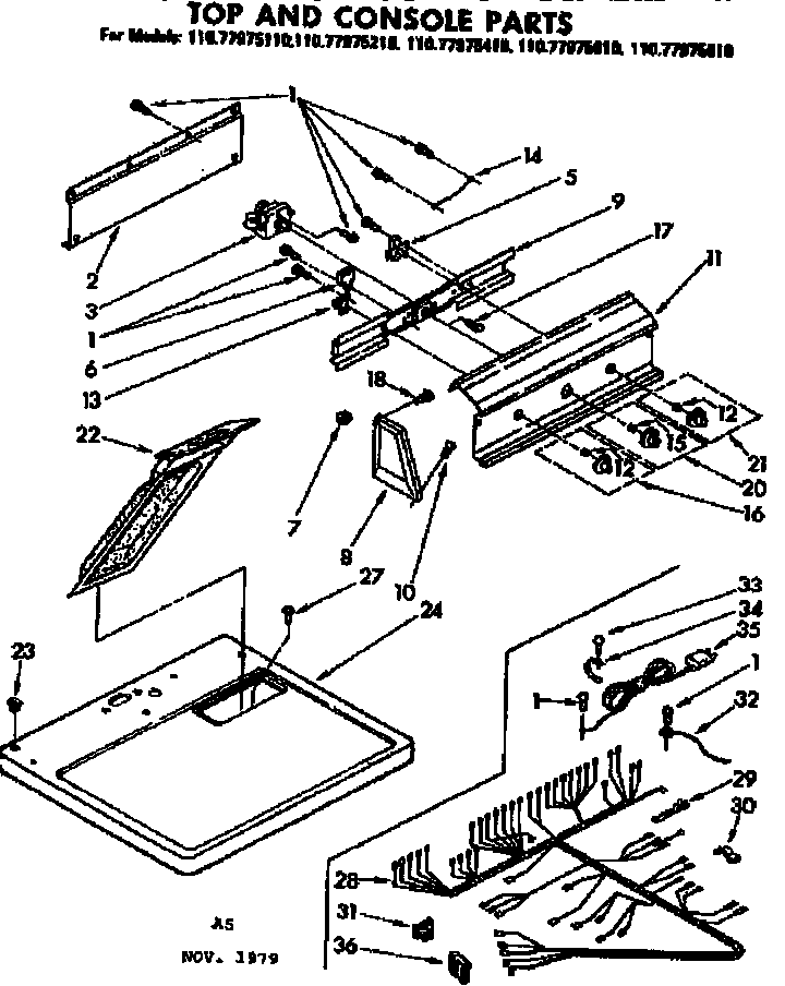 Kenmore 11077975110 top and console parts diagram