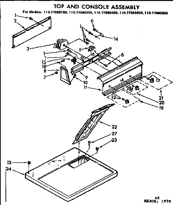 Kenmore 11077980600 top and console parts diagram