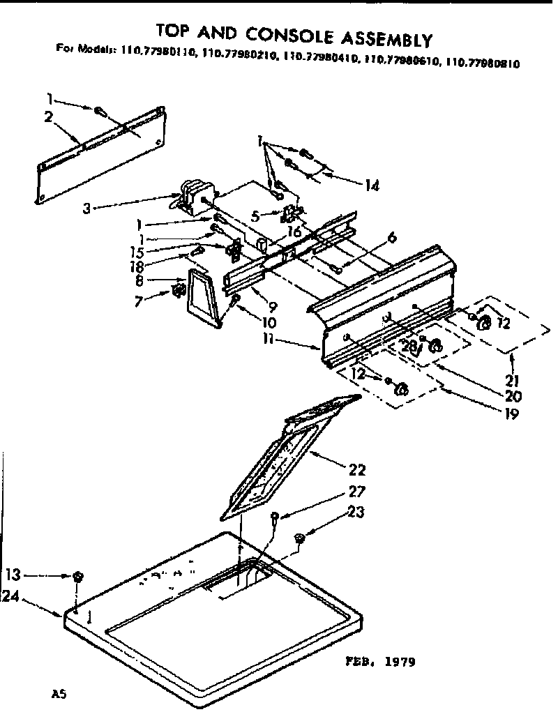 Kenmore 11077980410 top and console parts diagram