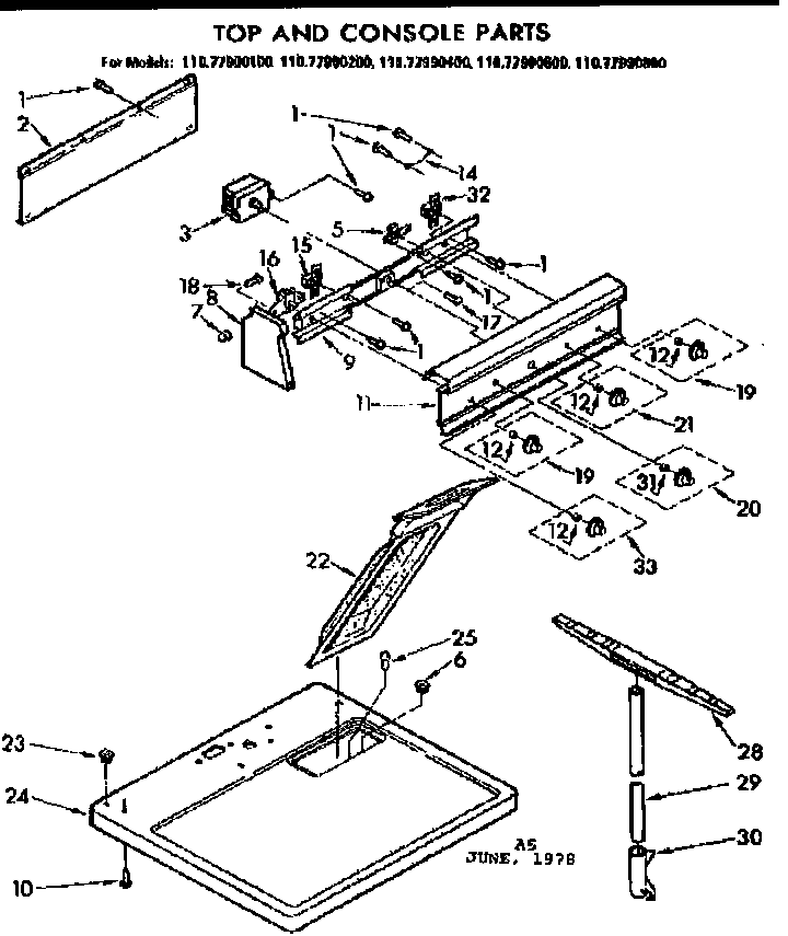 Sears 11077990200 top and console parts diagram