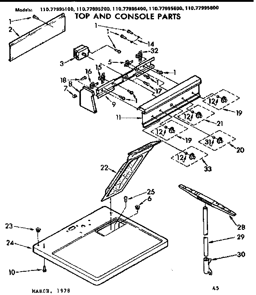 Sears 11077995600 top and console parts diagram