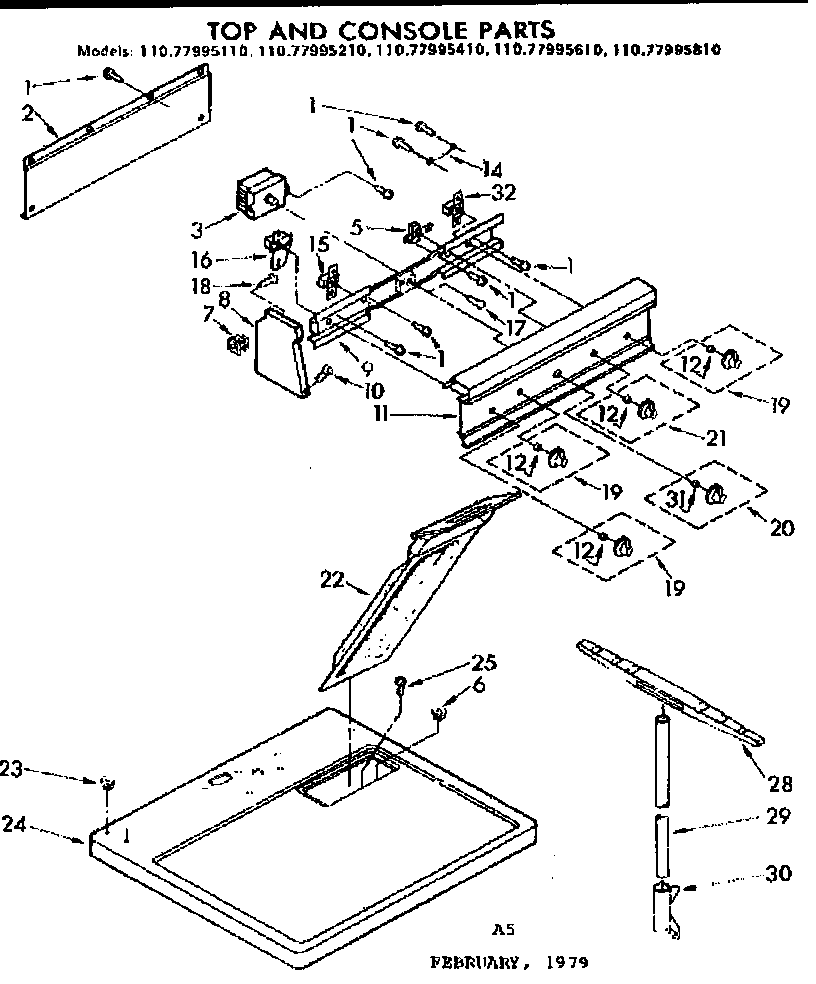 Sears 11077995110 top and console parts diagram