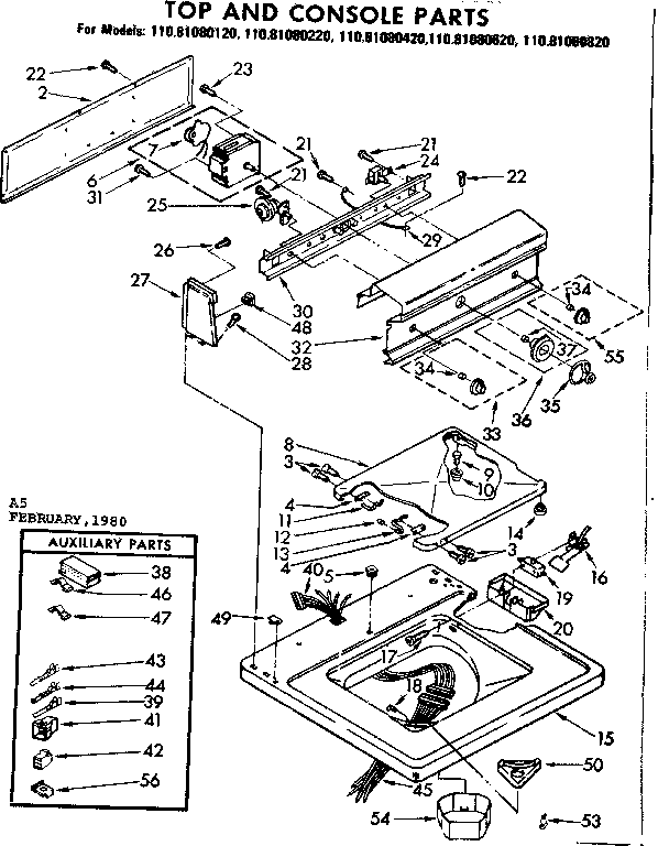 Kenmore 11081080820 top and console parts diagram