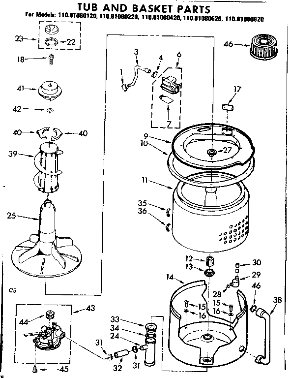 Kenmore 11081080820 tub and basket parts diagram