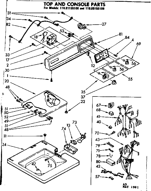 Kenmore 11081155100 top and console parts diagram