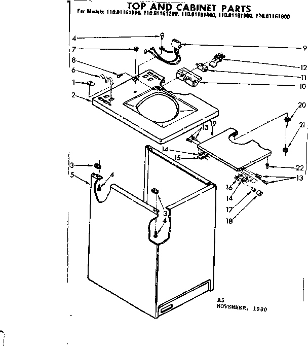 Kenmore 11081161800 top and cabinet parts diagram