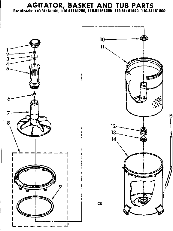 Kenmore 11081161800 agitator basket and tub parts diagram
