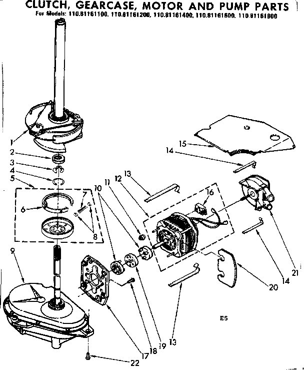 Kenmore 11081161800 clutch gearcase motor & pump parts diagram