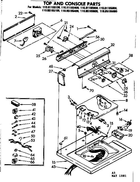 Kenmore 11085165800 top and console parts diagram