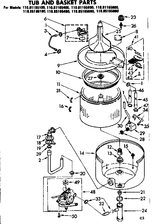 Kenmore 11085165800 tub and basket parts diagram