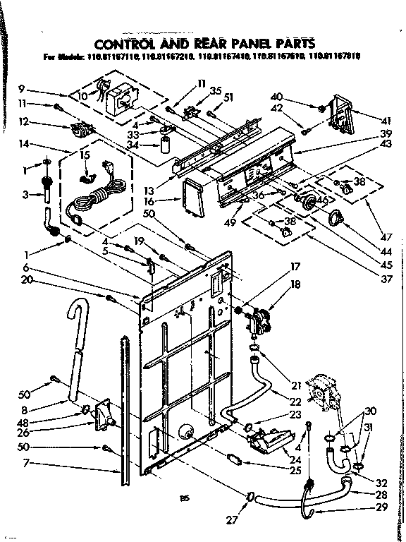 Kenmore 11081167210 control and rear panel parts diagram