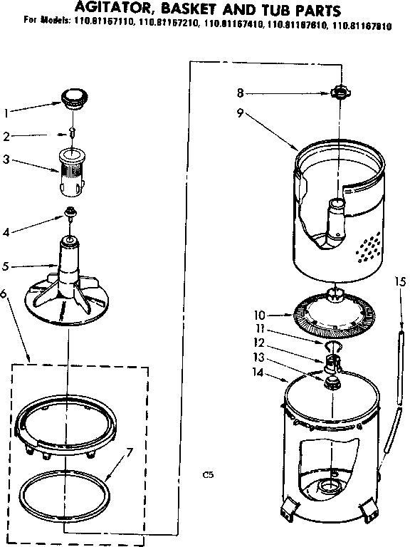 Kenmore 11081167210 agitator, basket and tub parts diagram