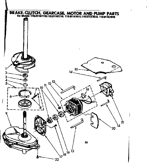 Kenmore 11081167210 motor/pump and gearcase diagram