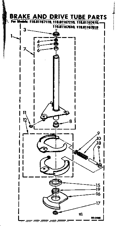 Kenmore 11081167210 brake and drive tube parts diagram
