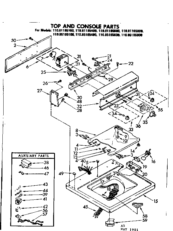 Kenmore 11085185600 top and console parts diagram