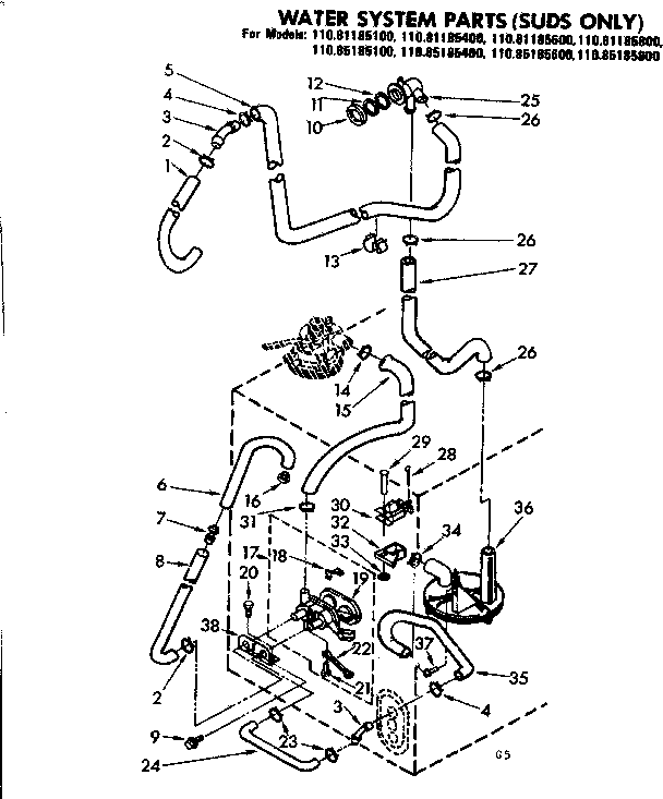 Kenmore 11085185600 water system parts suds only diagram