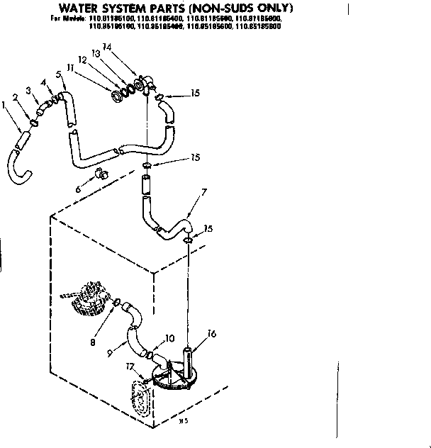 Kenmore 11085185600 water system parts non-suds only diagram