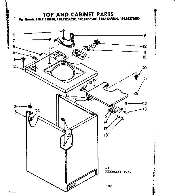 Kenmore 11081275200 top and cabinet parts diagram