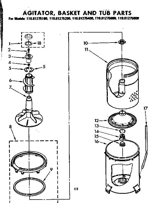 Kenmore 11081275200 agitator basket and tub parts diagram