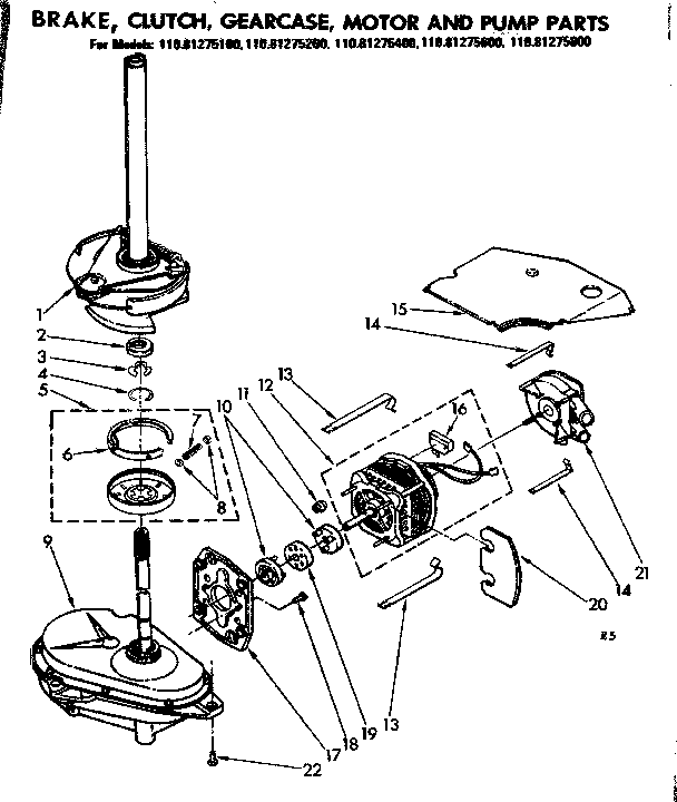 Kenmore 11081275200 motor / pump and gearcase diagram