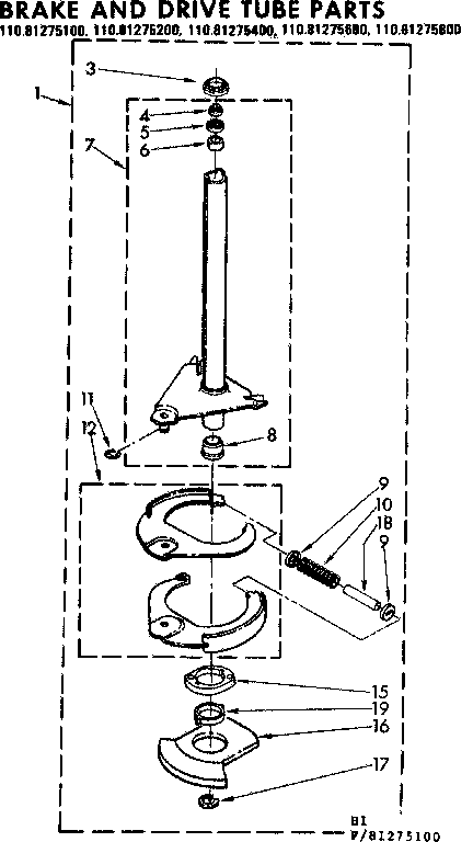 Kenmore 11081275200 brake and drive tube parts diagram