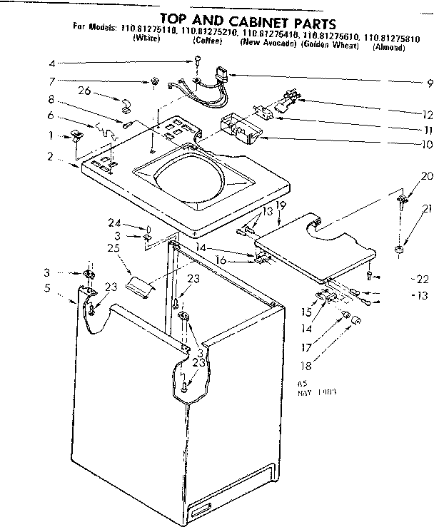 Kenmore 11081275810 top and cabinet parts diagram