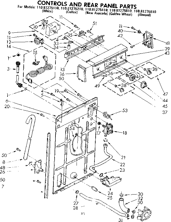 Kenmore 11081275810 controls and rear panel parts diagram