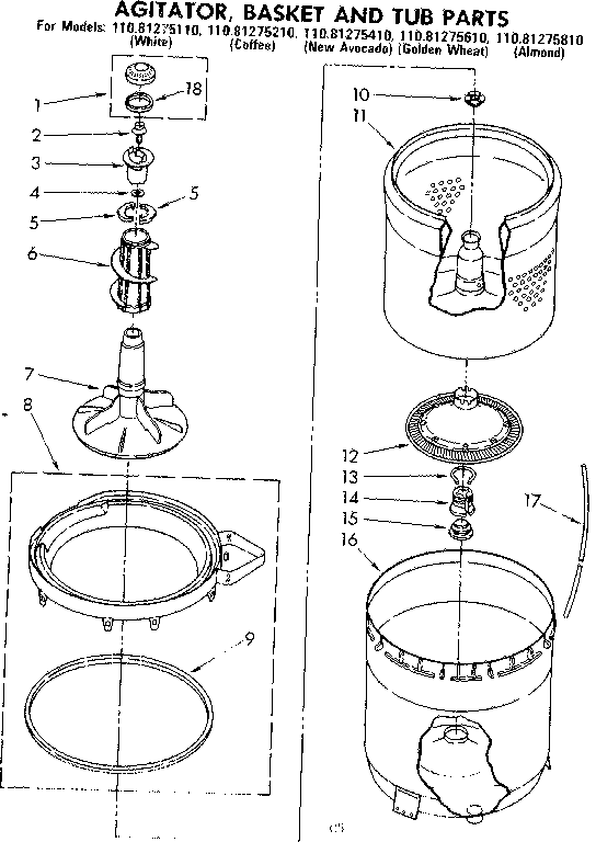 Kenmore 11081275810 agitator basket and tub parts diagram