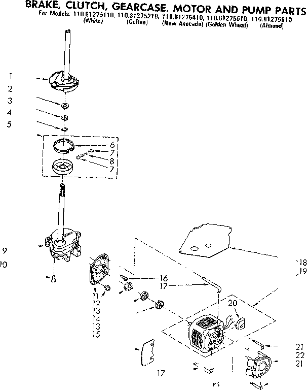 Kenmore 11081275810 brake clutch gearcase motor and pump parts diagram
