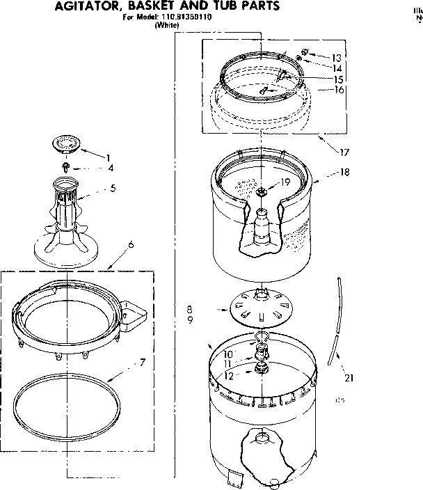 Kenmore 11081350110 agitator basket and tub parts diagram