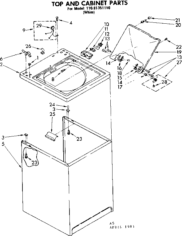 Kenmore 11081351110 top and cabinet parts diagram