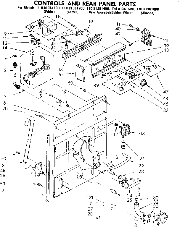 Kenmore 11081361200 controls and rear panel parts diagram