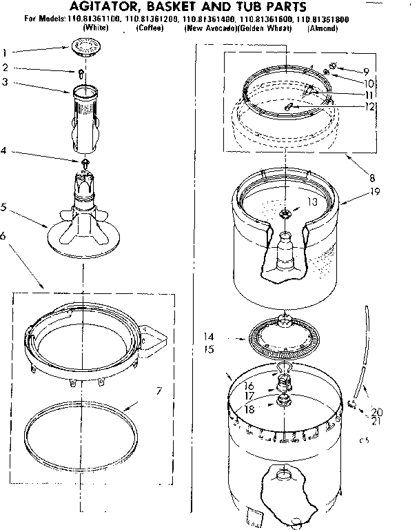 Kenmore 11081361200 agitator basket and tub parts diagram